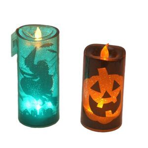 Halloween Flameless Pillar Candles Witch and Pumpkin Design Green and Orange